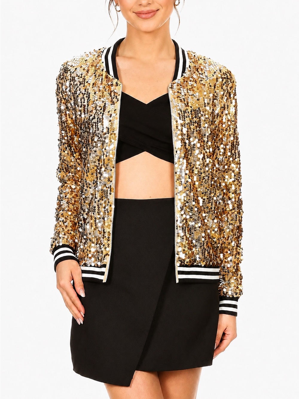 ANNA-KACI Gold Sequin Black/White Stripe Trim Bomber Jacket